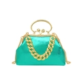 Glossy mint green evening bag with chunky gold chain and curved metal handle - Green