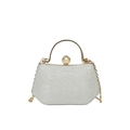 Silver sequin evening clutch bag with gold metal handle and pearl rhinestone clasp - Silver