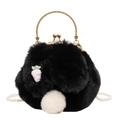 Borsa a coniglio in peluche nero con coda bianca, manico dorato e catena di perle - Nero