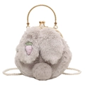 Cute gray plush bunny bag with rabbit ears, metal handle and pearl chain strap - Gray