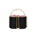 Elegante borsa da sera nera con manico di perle e fodera in velluto rosa a coulisse - Nero