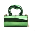 Modern cylinder crossbody bag in metallic green finish with chunky handle and gold chain - Green