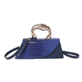 Dark blue stone pattern leather handbag with asymmetric gold metal handle and shoulder strap - Blue