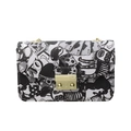 Graffiti print PU leather crossbody bag with chain strap and gold clasp closure - Black