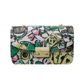 White graffiti crossbody bag with gold chain strap and poker chip street art prints - Green