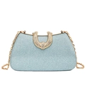 Sparkling light blue evening clutch bag featuring a rhinestone horseshoe clasp and gold chain - Blue