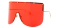 Oversized mask sunglasses with translucent red lens and golden star studs on frame - Red