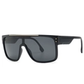 Oversized black flat top sunglasses with gold metal bar and grey lenses at 45-degree angle - Sand Black / Black Grey