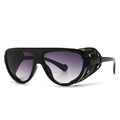 Lunettes punk rétro, monture noire, verres dégradés violets et protections latérales en cuir - Noir Double Gris (Protections Latérales Noires)