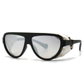 Lunettes de soleil bouclier rétro avec monture noire, verres miroirs argentés et rabats cuir - Noir Argent (Protections Latérales Blanches)