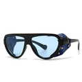Gafas de sol steampunk retro con montura negra, lentes azules y protectores de cuero - Negro Azul (Protecciones Laterales Azules)
