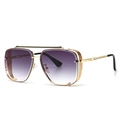 Modern square gold metal sunglasses with purple gradient lenses and black temple tips - Gold/Double Grey