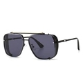 Steampunk black square frame sunglasses with gold double bridge and metal mesh side shields - Black Frame / Grey
