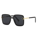 Modern square frame polarized sunglasses with golden D-shaped metal accents and black frames - Black Frame Black Grey Lens