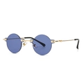 Retro rimless sunglasses with blue lenses and gold metal frame for a vintage look - Dark Blue