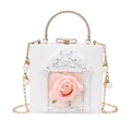Baroque white box bag with 3D pink rose and gold handle shown in a front view - Flower Version / White