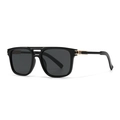 Classic black pilot square sunglasses with double bridge and gold metal hinge accents - Black Frame Black Grey Lens