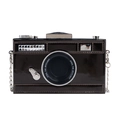 Dark brown patent leather camera cross-body bag with vintage lens design and silver chain - Dark Coffee