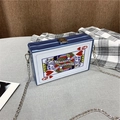 Blue Queen of Hearts poker card box bag with metal chain strap and top clasp - Blue (Queen Style)