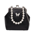 Borsa retrò nera con manico di perle e dettaglio farfalla bianca da donna elegante - Nero