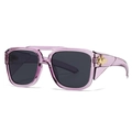 Modern oversized sunglasses with translucent purple frames and sleek grey lenses - Purple Frame Black Grey Lens Gold Accessories