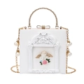 Schicke cremefarbene Box-Tasche mit 3D-Engelsrelief, Goldgriff und Perlenkette - Engel Weiß