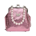 Mini borsa rosa metallizzata con manico di perle e dettaglio farfalla - Rosa