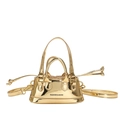 Mini golden metallic patent leather shell crossbody bag with top handles and fashion text - Gold