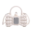 White bow-shaped acrylic evening bag featuring a pearl strap and a large jewel clasp - White