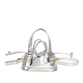 Mini silver patent leather crossbody shell bag with golden hardware and fashion lettering - Silver