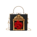 Retro black square handbag with golden embossed frame and red rose variant - Flower Version / Black