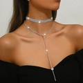 Set di collana girocollo tennis argentata e collana con frange di strass a forma di Y - Catena di Strass a Cinque File + Collana con Nappine