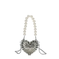 Borsa da sera a cuore in metallo argento con manico di perle e tracolla a sfere - Argento-Manico di Perla