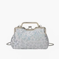 Elegant silver sequin evening shell bag with vintage gold clasp and metal chain handle - White