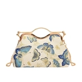 Retro butterfly embroidery handbag with golden frame handle and chain strap for evening - White (Blue Butterfly Embroidery)