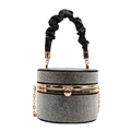 Sparkling silver rhinestone cylinder evening bag with black ruched handle and gold chain - Black