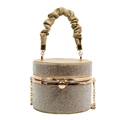 Sparkly white rhinestone cylinder evening bag with gold metal frame and pleated handle - Khaki