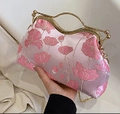 Vintage style pink floral embroidery handbag with golden frame and metal chain strap - Pink (Large Pink Floral Embroidery)