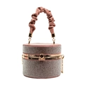 Pink rhinestone cylindrical evening bag with scrunchie handle and gold chain - Pink