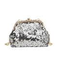 Elegante silberne Pailletten Abendtasche mit goldenem Strassverschluss und Kette - Silber