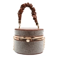 Brown faux leather rhinestone cylinder evening bag with pleated handle and gold chain - Brown