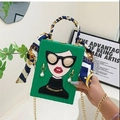 Green box clutch bag with fashion girl illustration, silk scarf handle and gold chain - Green