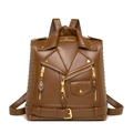 Dark brown leather motorcycle jacket style backpack with rivet details and zippers - Brown