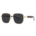 Polarized square sunglasses with gold metal frame and dark brown wood grain temples - Gold Frame Black Grey