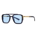 Retro pilot square sunglasses with purple frames and gold metal temples, 45-degree view - Blue Frame / Blue Lens