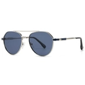 Classic silver aviator sunglasses with blue lenses and double bridge frame in a side view - Silver Frame Blue Lens