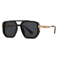 Retro square sunglasses with black frame, grey lenses and gold metal temple details - Black Gray Frame Gold Accents (C2)