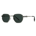 Octagonal polarized metal sunglasses with dark lenses and silver frame in a side view - Silver Frame Green Lens