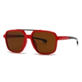 Modern square sunglasses featuring a red bold frame with dual-bridge and brown lenses - Red Frame Tea Lens