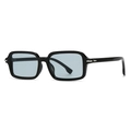 Moderne quadratische Sonnenbrille in Schwarz mit hellblauen Gläsern und Silberdetails - Schwarzer Rahmen Blaue Gläser